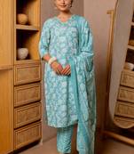 Turquoise, Off White Floral Print Sequins Work Cotton Kurta With Pant And Dupatta