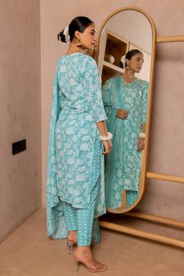 Turquoise, Off White Floral Print Sequins Work Cotton Kurta With Pant And Dupatta 3