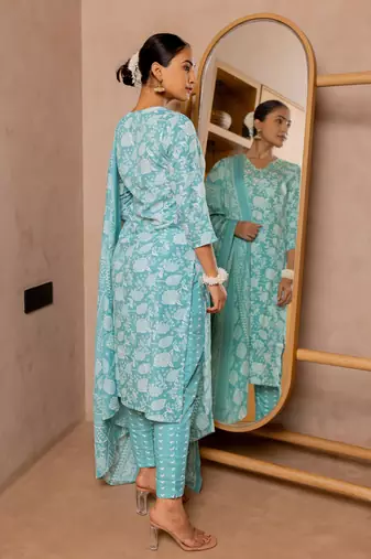 Turquoise, Off White Floral Print Sequins Work Cotton Kurta With Pant And Dupatta