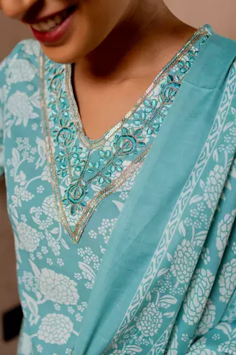 Turquoise, Off White Floral Print Sequins Work Cotton Kurta With Pant And Dupatta