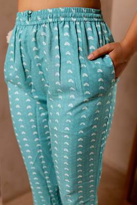 Turquoise, Off White Floral Print Sequins Work Cotton Kurta With Pant And Dupatta 6