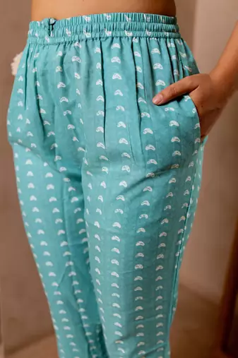 Turquoise, Off White Floral Print Sequins Work Cotton Kurta With Pant And Dupatta