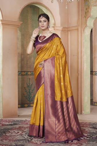 Yellow kanjivaram silk blend zari Weaving With Gold Zari Border And Pallu Saree With Blouse For Women