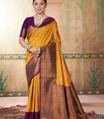 Yellow kanjivaram silk blend zari Weaving With Gold Zari Border And Pallu Saree With Blouse For Women