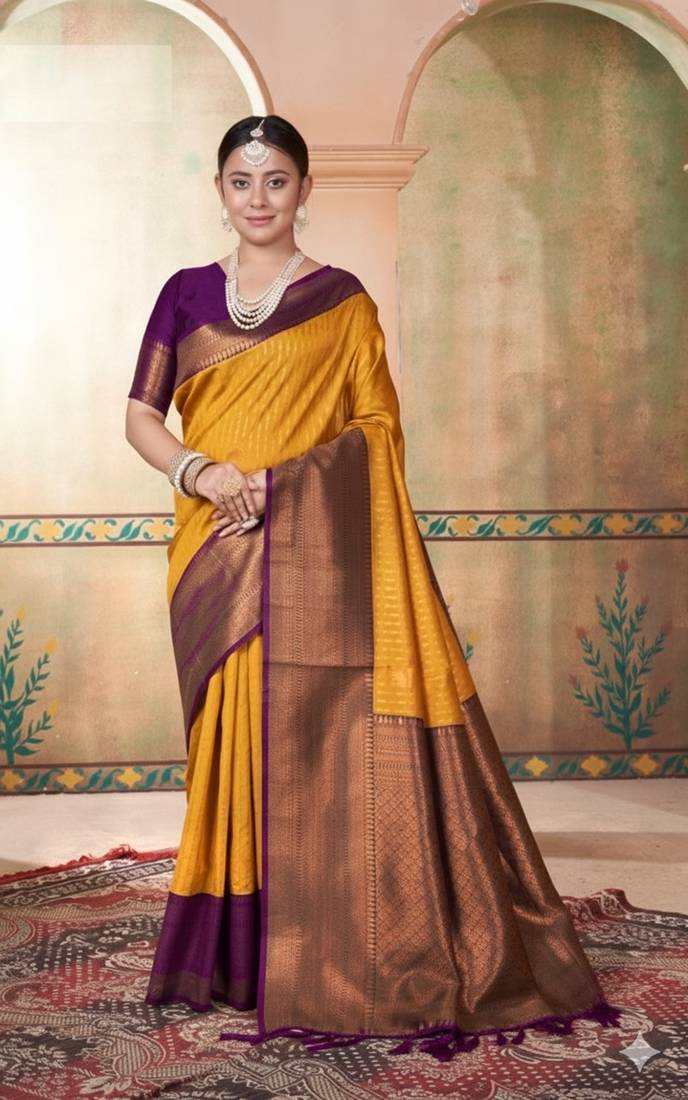 Yellow kanjivaram silk blend zari Weaving With Gold Zari Border And Pallu Saree With Blouse For Women
