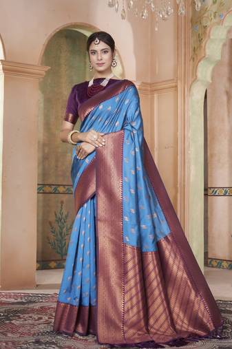 Indigo kanjivaram silk blend zari Weaving With Gold Zari Border And Pallu Saree With Blouse For Women