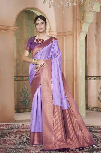 Wine kanjivaram silk blend zari Weaving With Gold Zari Border And Pallu Saree With Blouse For Women