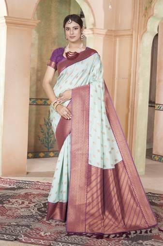 Light Blue kanjivaram silk blend zari Weaving With Gold Zari Border And Pallu Saree With Blouse For Women