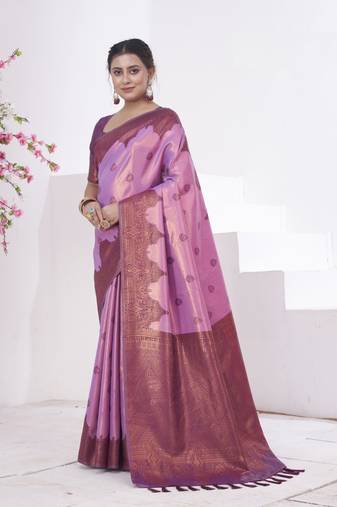 Purple kanjivaram silk blend zari Weaving With Gold Zari Border And Pallu Saree With Blouse For Women