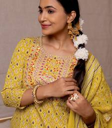 Yellow White Block Print Mirror Work Cotton Kurta With Pant And Dupatta Set