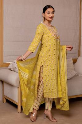 Yellow White Block Print Mirror Work Cotton Kurta With Pant And Dupatta Set 3