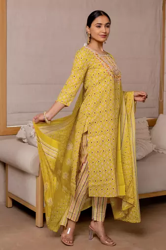 Yellow White Block Print Mirror Work Cotton Kurta With Pant And Dupatta Set