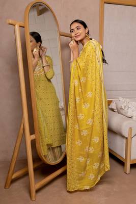 Yellow White Block Print Mirror Work Cotton Kurta With Pant And Dupatta Set 4