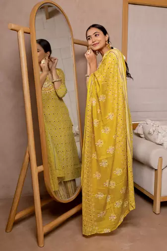 Yellow White Block Print Mirror Work Cotton Kurta With Pant And Dupatta Set