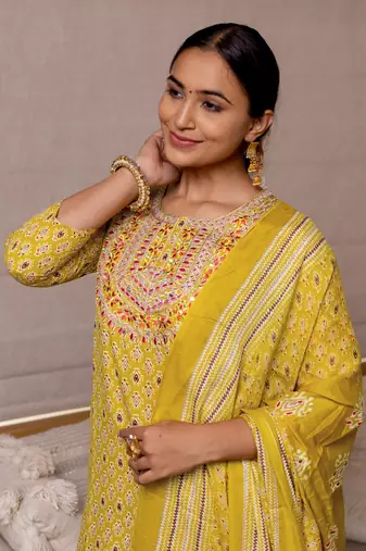 Yellow White Block Print Mirror Work Cotton Kurta With Pant And Dupatta Set