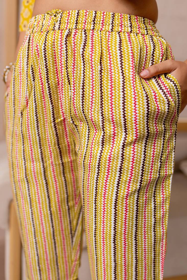 Yellow White Block Print Mirror Work Cotton Kurta With Pant And Dupatta Set