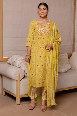 Yellow White Block Print Mirror Work Cotton Kurta With Pant And Dupatta Set 1