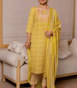 Yellow White Block Print Mirror Work Cotton Kurta With Pant And Dupatta Set