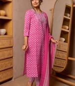 Pink White Block Print Mirror Work Cotton Kurta With Pant And Dupatta Set