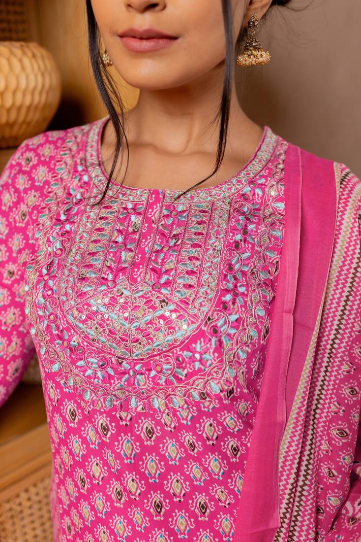 Pink White Block Print Mirror Work Cotton Kurta With Pant And Dupatta Set