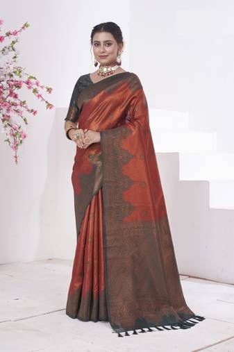 Rasberry kanjivaram silk blend zari Weaving With Gold Zari Border And Pallu Saree With Blouse For Women