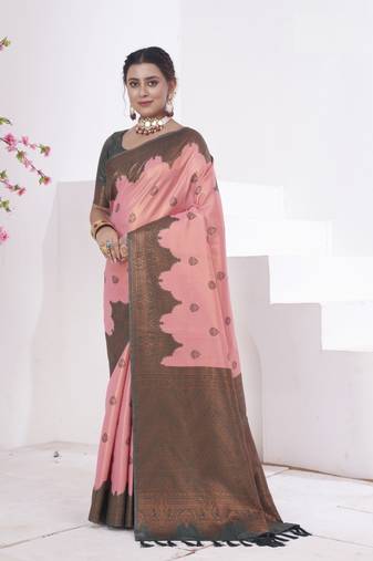 Pink kanjivaram silk blend zari Weaving With Gold Zari Border And Pallu Saree With Blouse For Women