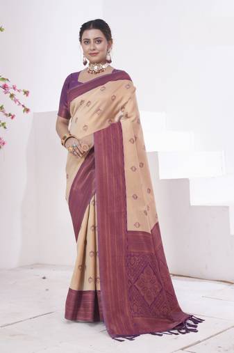 Cream kanjivaram silk blend zari Weaving With Gold Zari Border And Pallu Saree With Blouse For Women