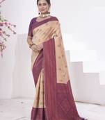 Cream kanjivaram silk blend zari Weaving With Gold Zari Border And Pallu Saree With Blouse For Women