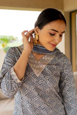 Blue White Ajrakh Print Sequins Work Cotton Kurta With Pant And Dupatta Set 2