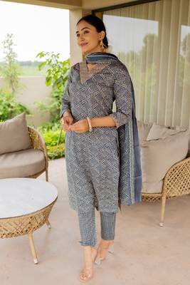 Blue White Ajrakh Print Sequins Work Cotton Kurta With Pant And Dupatta Set 1