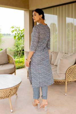 Blue White Ajrakh Print Sequins Work Cotton Kurta With Pant And Dupatta Set 3