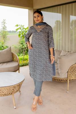 Blue White Ajrakh Print Sequins Work Cotton Kurta With Pant And Dupatta Set 4