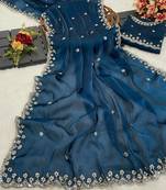 Teal Colour Real Wal Moti Work Zimichoo Silk Wedding Wear Premium Saree