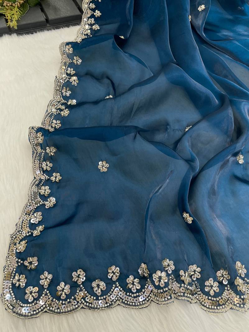 Teal Colour Real Wal Moti Work Zimichoo Silk Wedding Wear Premium Saree