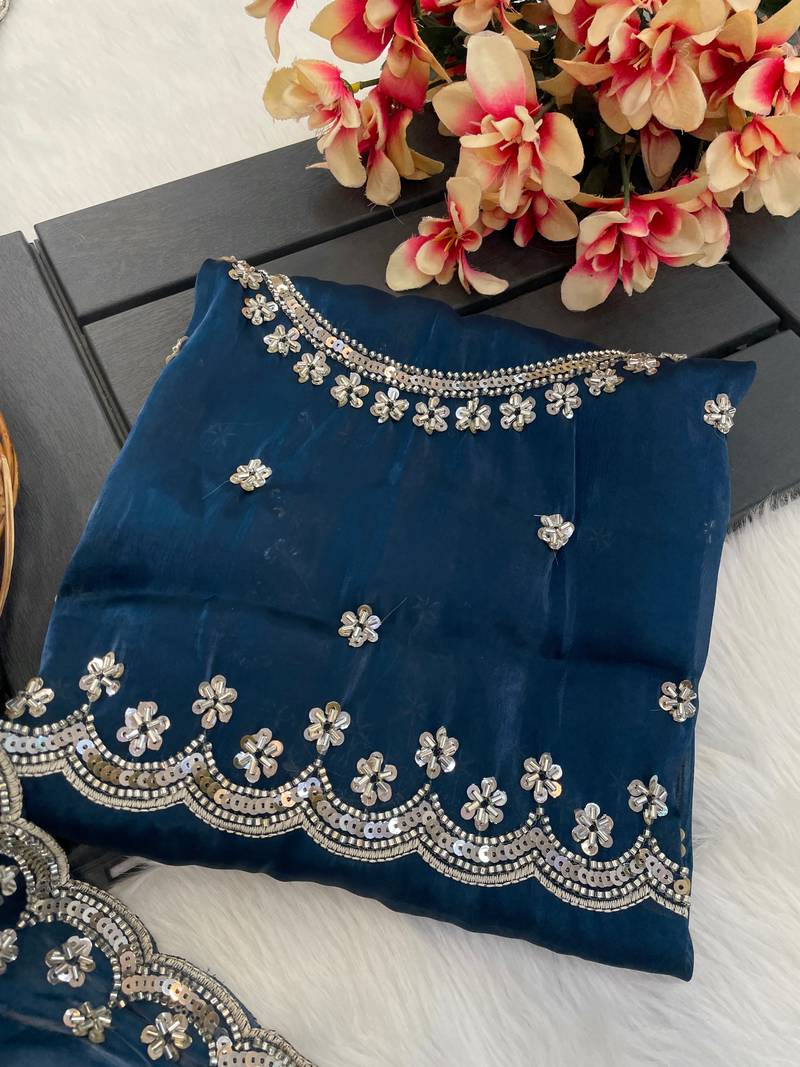 Teal Colour Real Wal Moti Work Zimichoo Silk Wedding Wear Premium Saree