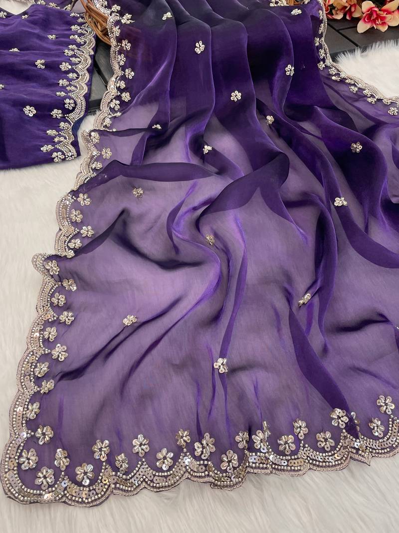 Purple Colour Real Wal Moti Work Zimichoo Silk Wedding Wear Premium Saree