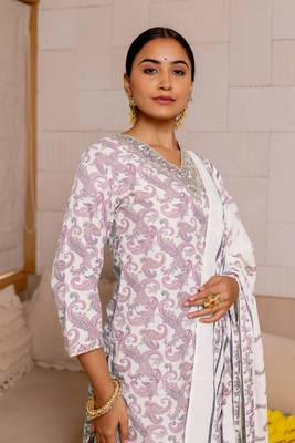 White Purple Kalamkari Print Zardosi Embroidery Cotton Kurta With Pant And Dupatta Set 2