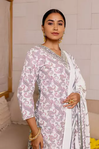 White Purple Kalamkari Print Zardosi Embroidery Cotton Kurta With Pant And Dupatta Set