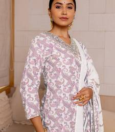 White Purple Kalamkari Print Zardosi Embroidery Cotton Kurta With Pant And Dupatta Set