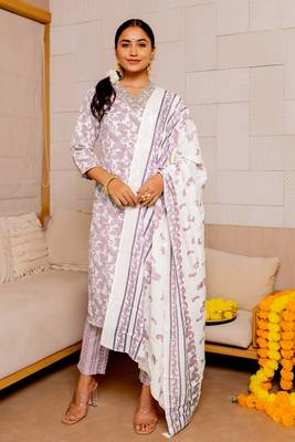 White Purple Kalamkari Print Zardosi Embroidery Cotton Kurta With Pant And Dupatta Set 1