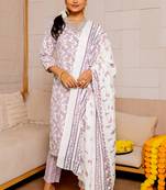 White Purple Kalamkari Print Zardosi Embroidery Cotton Kurta With Pant And Dupatta Set