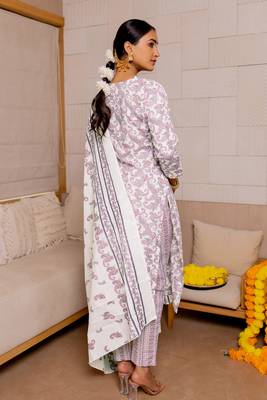 White Purple Kalamkari Print Zardosi Embroidery Cotton Kurta With Pant And Dupatta Set 3