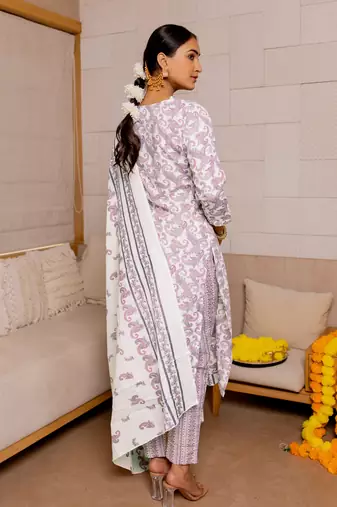 White Purple Kalamkari Print Zardosi Embroidery Cotton Kurta With Pant And Dupatta Set