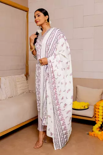 White Purple Kalamkari Print Zardosi Embroidery Cotton Kurta With Pant And Dupatta Set