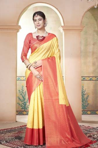 Yellow kanjivaram silk blend zari Weaving With Gold Zari Border And Pallu Saree With Blouse For Women
