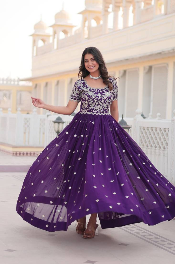 Purple Colour Faux georgette Heavy Embroidery Work Party Wear Fully Stitched Gown 
