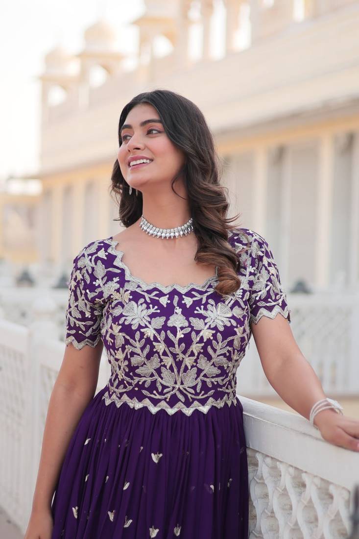 Purple Colour Faux georgette Heavy Embroidery Work Party Wear Fully Stitched Gown 