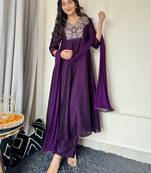 Janasya women's purple silk blend yoke embroidered a-line kurta set