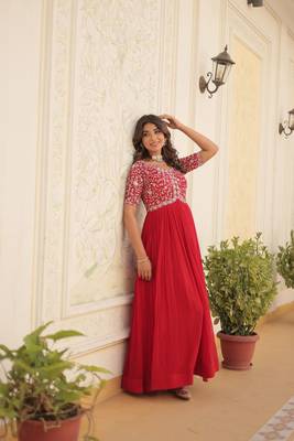 Red Colour Faux Georgette Trending Heavy Work Fully Stitched gown  1