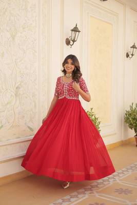 Red Colour Faux Georgette Trending Heavy Work Fully Stitched gown  2